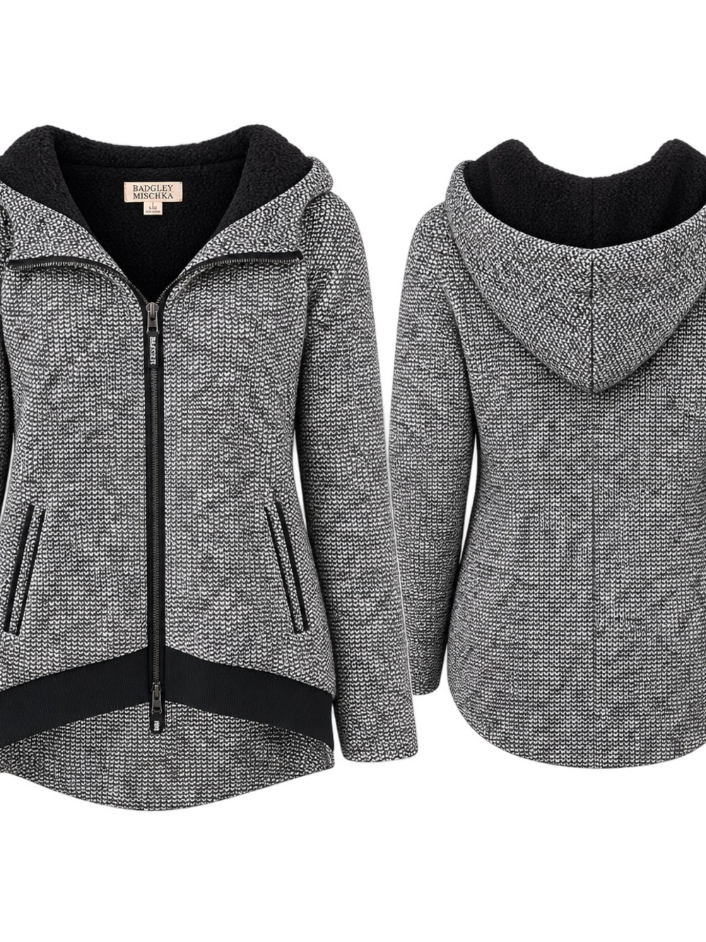 Badgley Mischka Woman’s Black & White Hooded Knit double zip Jacket